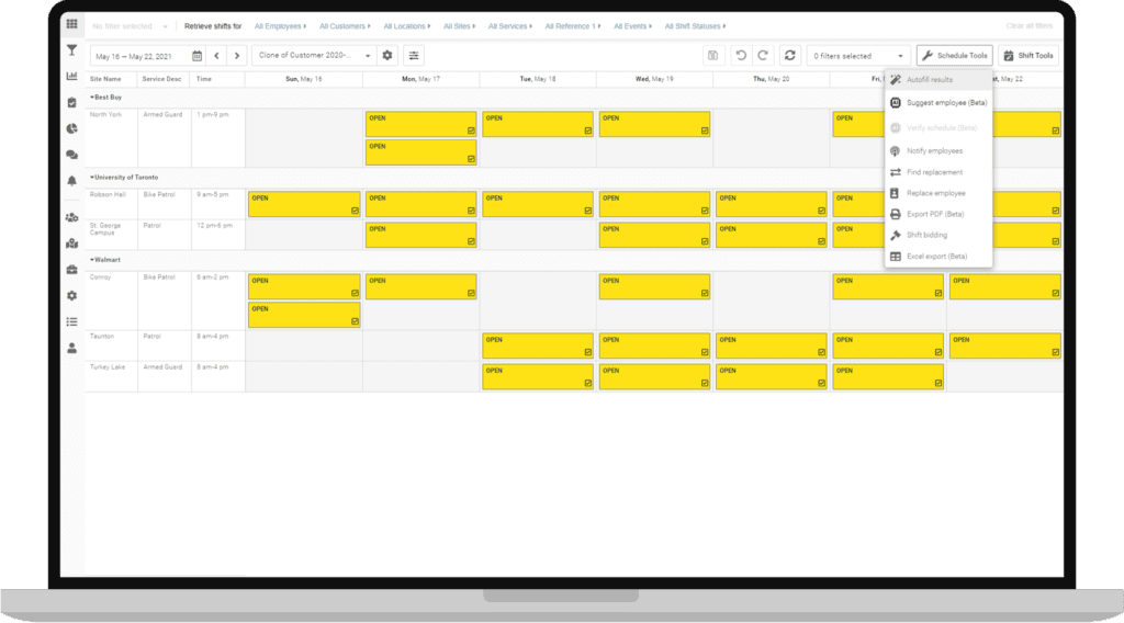 A screen showing a bunch of open shifts that can be filled using autofill