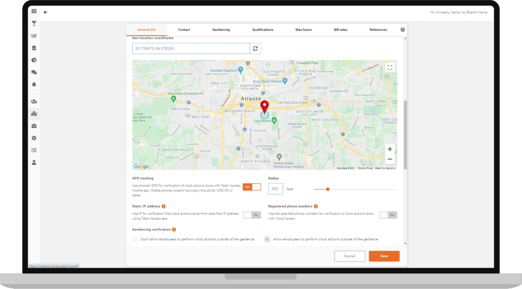 Celayix employee scheduling software Geofencing feature on laptop screen