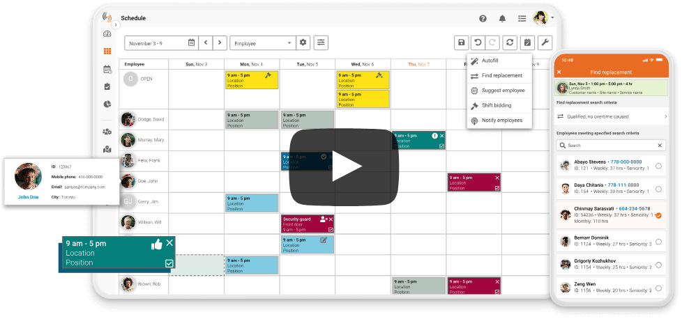employee scheduling software homepage image with play button